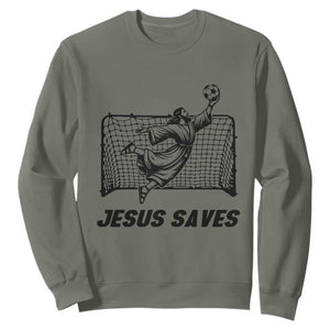Jesus Saves Sweatshirt Funny Christian Soccer Goalie TS12 Military Green Print Your Wear
