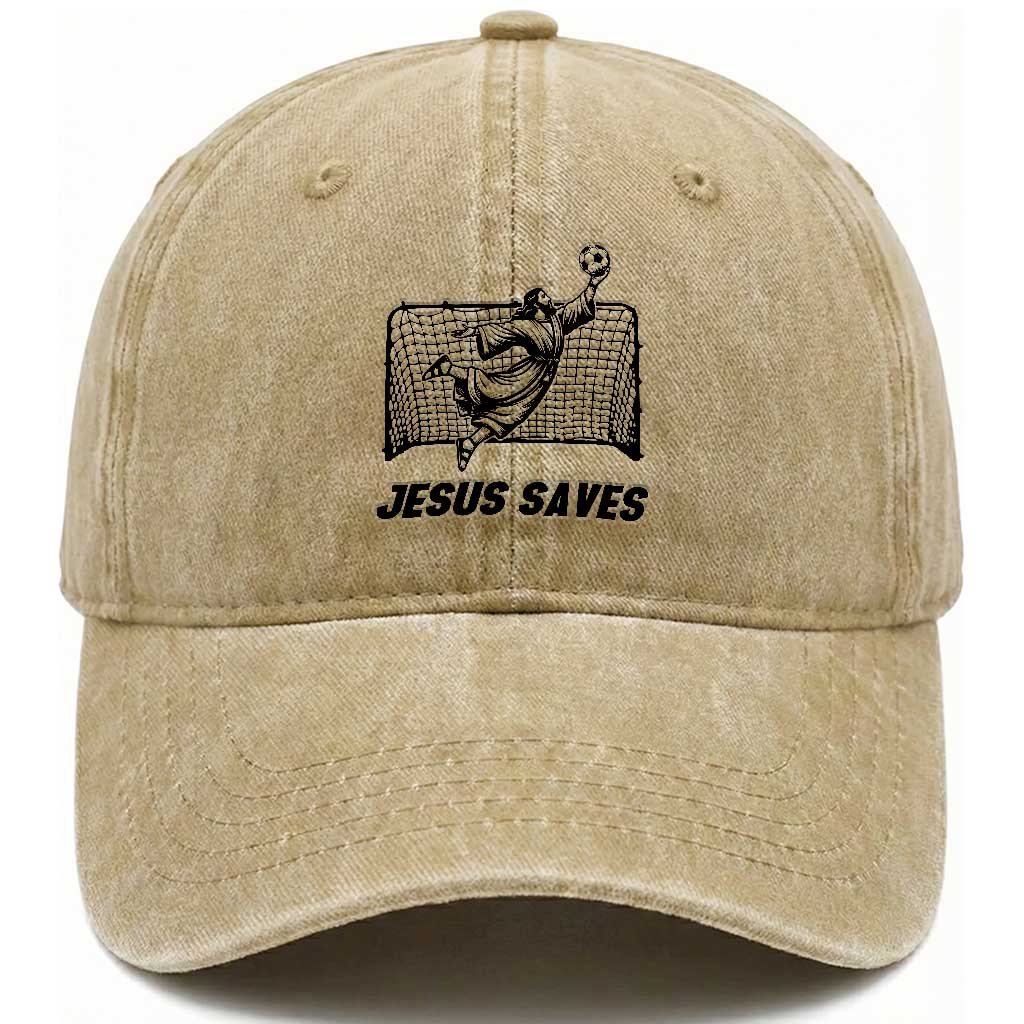 Jesus Saves Washed Cotton Baseball Cap Funny Christian Soccer Goalie TS12 Print Your Wear