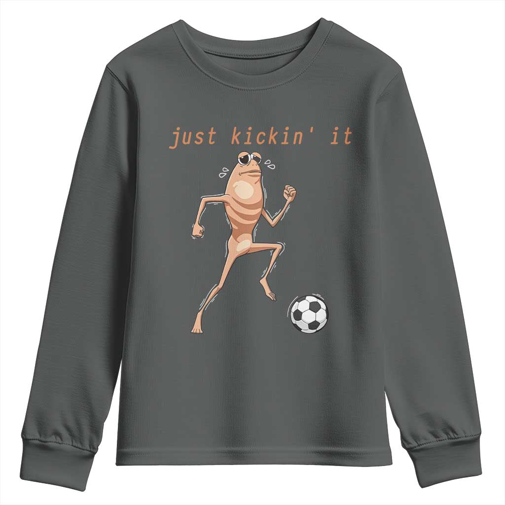 Just Kickin It Youth Sweatshirt Funny Marcus The Worm Soccer Meme TS12 Dark Heather Print Your Wear