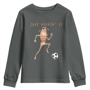 Just Kickin It Youth Sweatshirt Funny Marcus The Worm Soccer Meme TS12 Dark Heather Print Your Wear