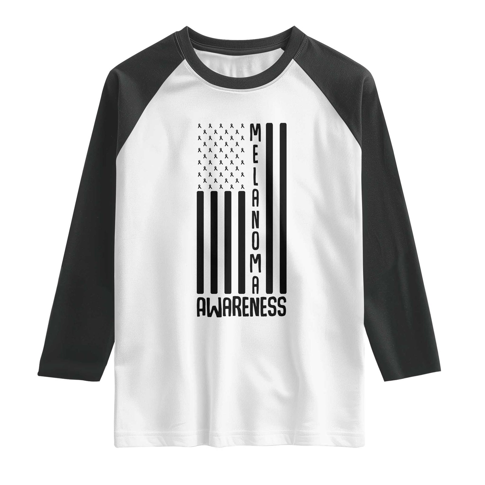 Melanoma Awareness USA Flag Raglan Shirt Patriotic Cancer Warrior TS12 White Black Print Your Wear