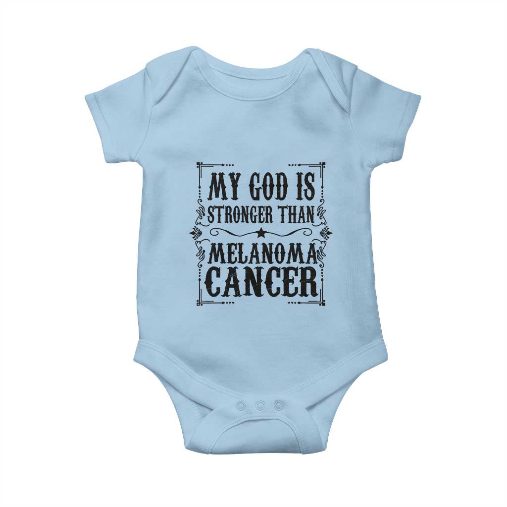 My God Is Stronger Than Melanoma Baby Onesie Religious Cancer Support TS12 Light Blue Print Your Wear
