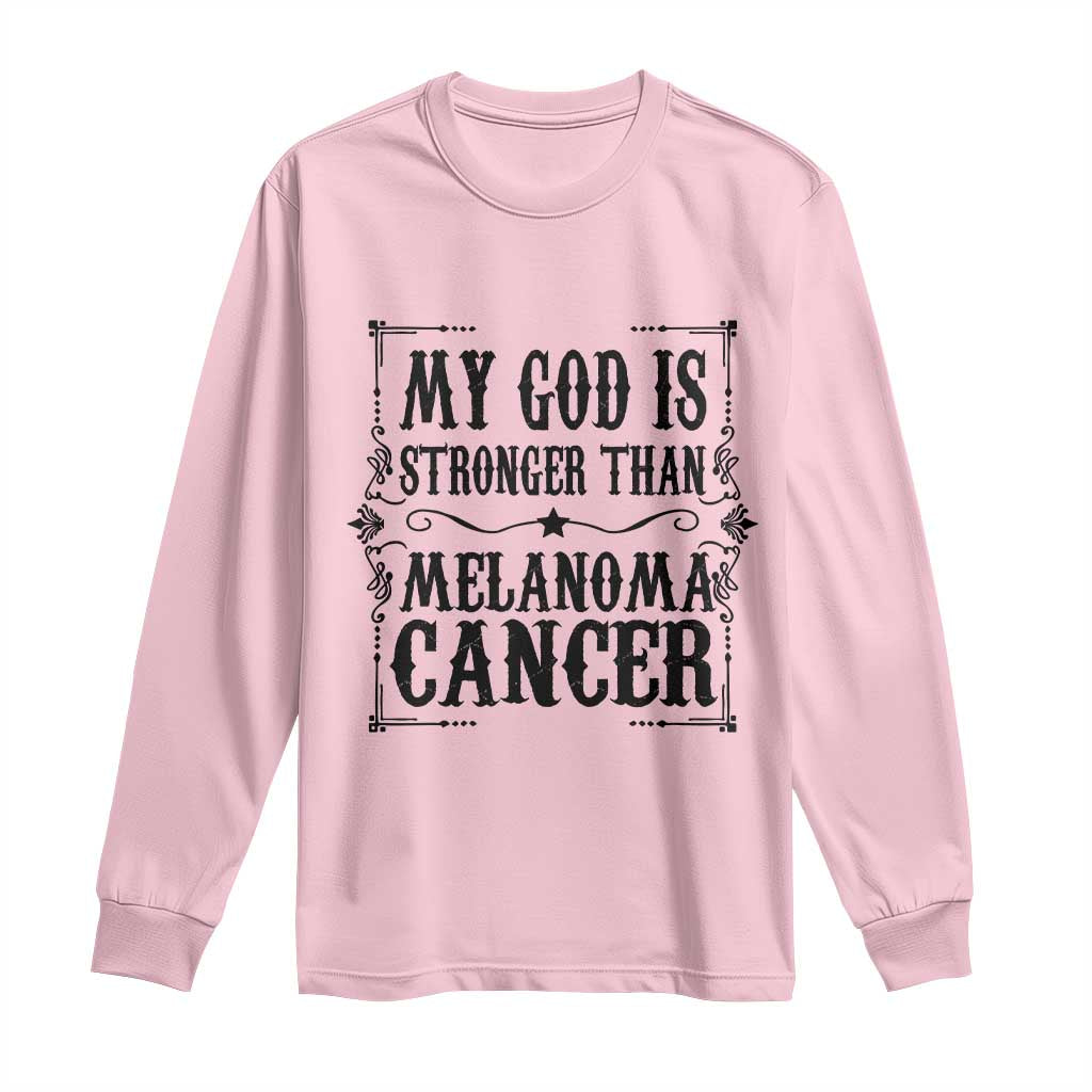 My God Is Stronger Than Melanoma Long Sleeve Shirt Religious Cancer Support TS12 Light Pink Print Your Wear