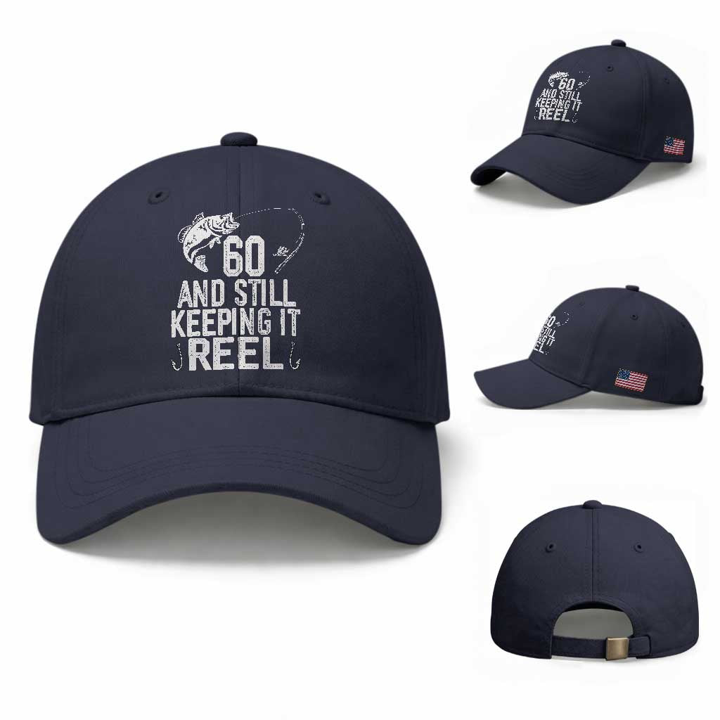 Personalized 60th Birthday Fishing Baseball Cap Custom Number Bday Still Keeping It Reel TS12 Baseball Cap Universal Fit Navy Print Your Wear