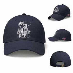 Personalized 60th Birthday Fishing Baseball Cap Custom Number Bday Still Keeping It Reel TS12 Baseball Cap Universal Fit Navy Print Your Wear