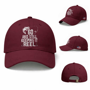 Personalized 60th Birthday Fishing Baseball Cap Custom Number Bday Still Keeping It Reel TS12 Baseball Cap Universal Fit Maroon Print Your Wear