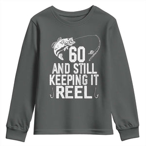 Personalized 60th Birthday Fishing Youth Sweatshirt Custom Number Bday Still Keeping It Reel TS12 Dark Heather Print Your Wear