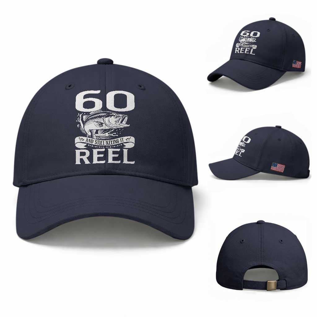 Still Keeping It Reel At 60 Baseball Cap Fisherman Birthday Gift TS12 Baseball Cap Universal Fit Navy Print Your Wear