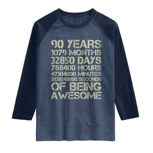 90 Years Of Being Awesome Raglan Shirt 90th Birthday Gift Idea TS12 Heather Denim Navy Print Your Wear