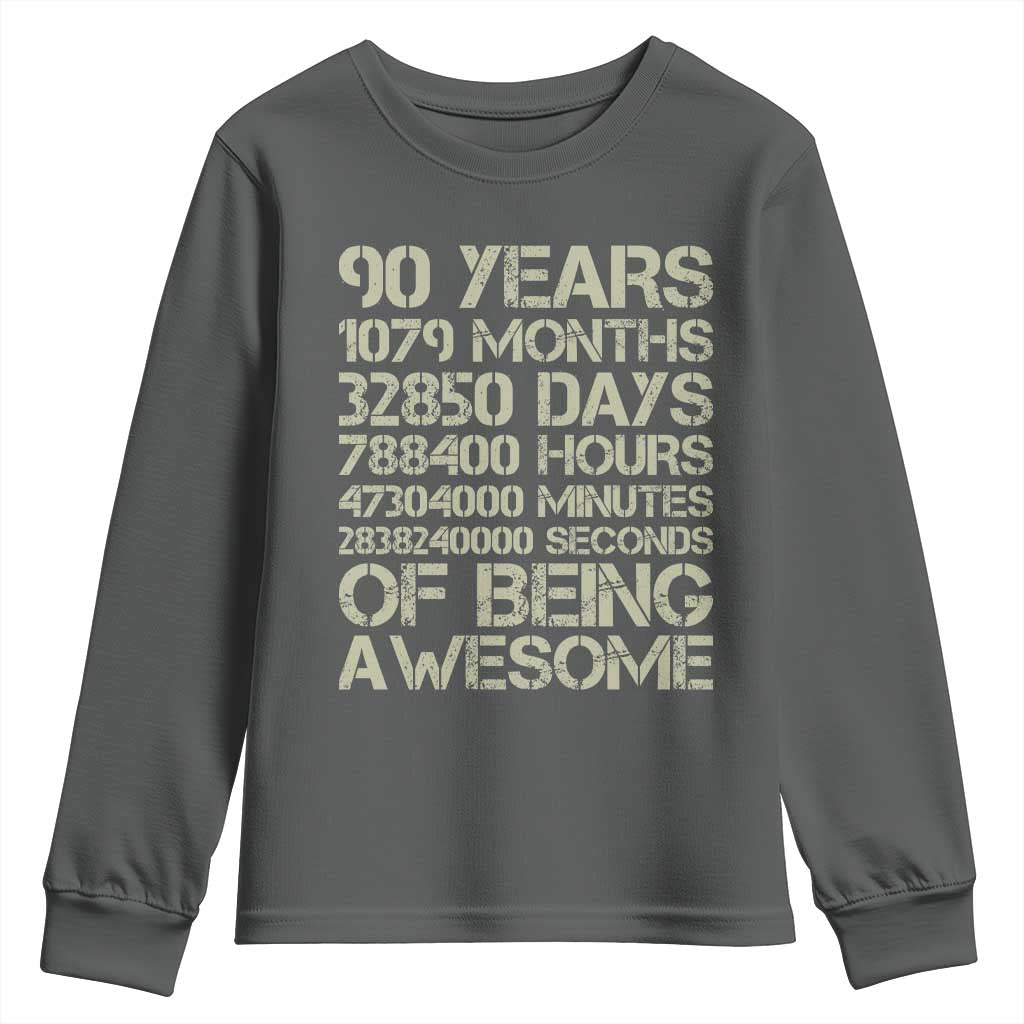 90 Years Of Being Awesome Youth Sweatshirt 90th Birthday Gift Idea TS12 Dark Heather Print Your Wear