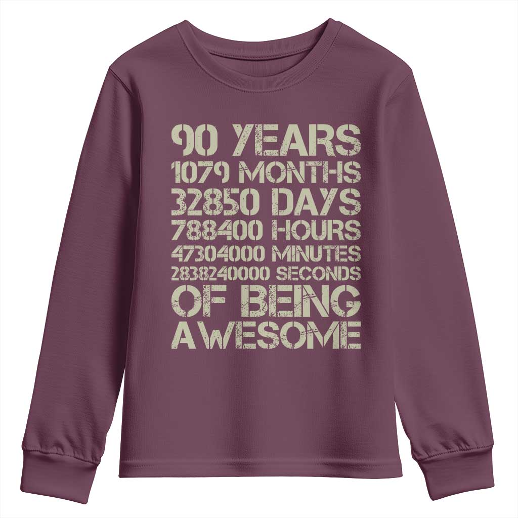 90 Years Of Being Awesome Youth Sweatshirt 90th Birthday Gift Idea TS12 Maroon Print Your Wear