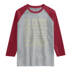 Vintage 80th Birthday Gift Raglan Shirt 80 Years Of Being Awesome TS12 Heather Gray Heather Red Print Your Wear