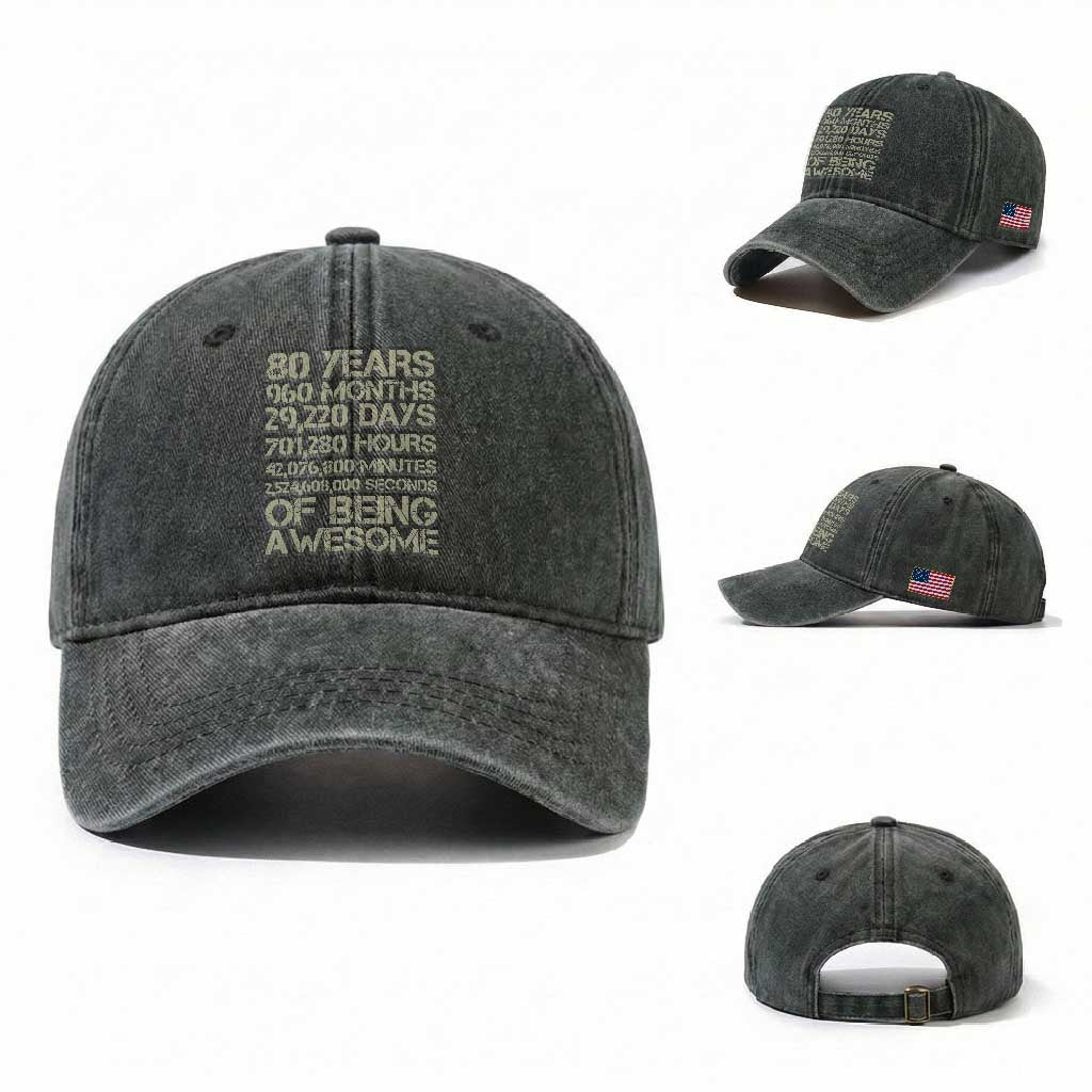 Vintage 80th Birthday Gift Washed Cotton Baseball Cap 80 Years Of Being Awesome TS12 Washed Cap Universal Fit Dark Green Print Your Wear
