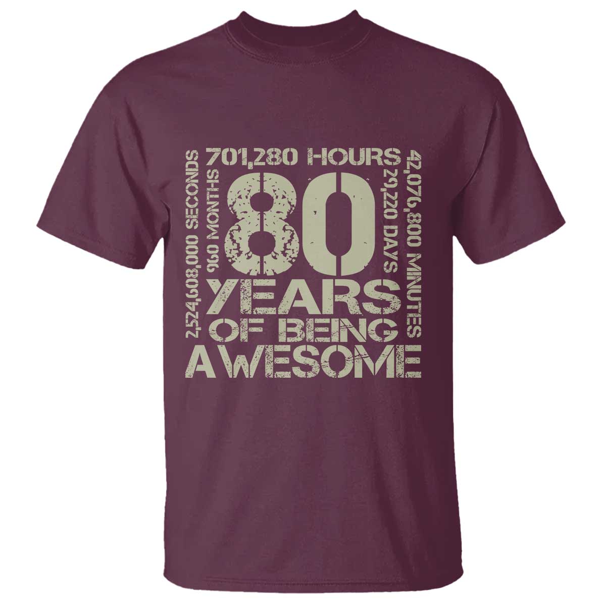 80th Milestone Birthday T Shirt 80 Years Of Being Awesome TS12 Maroon Print Your Wear