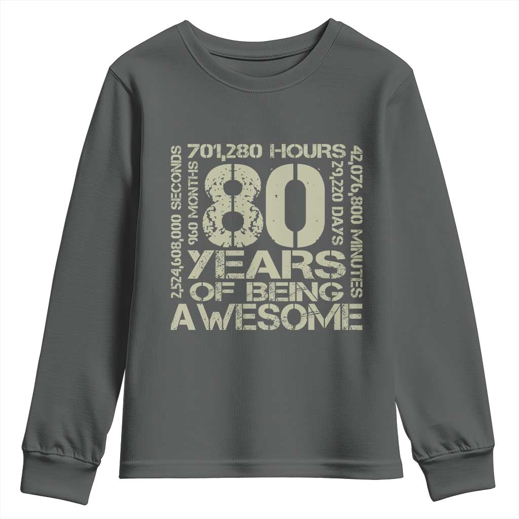 80th Milestone Birthday Youth Sweatshirt 80 Years Of Being Awesome TS12 Dark Heather Print Your Wear