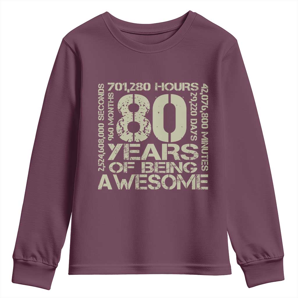 80th Milestone Birthday Youth Sweatshirt 80 Years Of Being Awesome TS12 Maroon Print Your Wear
