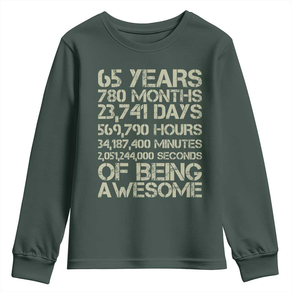 65th Milestone Birthday Gift Youth Sweatshirt 65 Years Of Being Awesome TS12 Dark Forest Green Print Your Wear