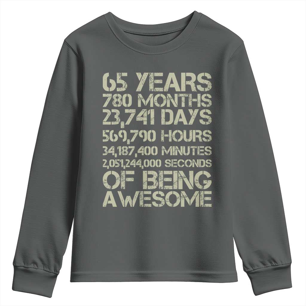 65th Milestone Birthday Gift Youth Sweatshirt 65 Years Of Being Awesome TS12 Dark Heather Print Your Wear