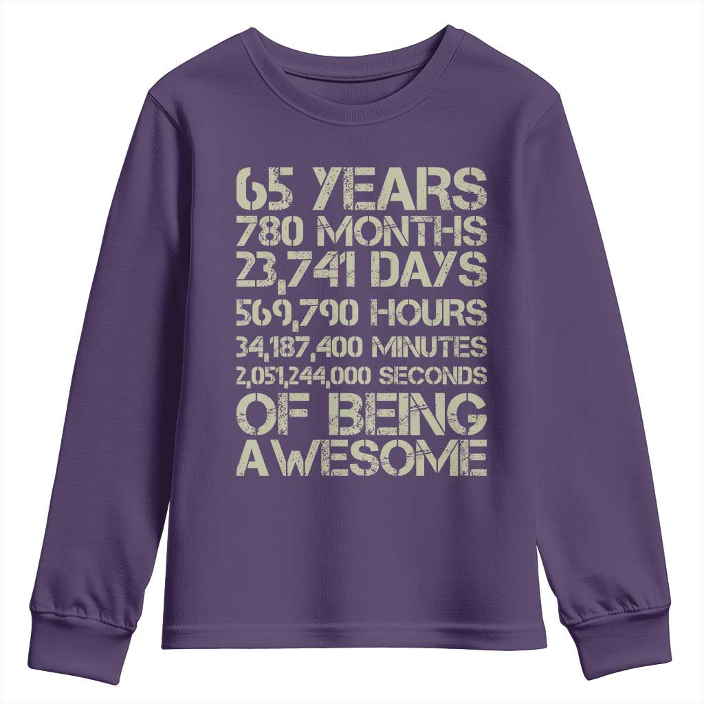 65th Milestone Birthday Gift Youth Sweatshirt 65 Years Of Being Awesome TS12 Purple Print Your Wear