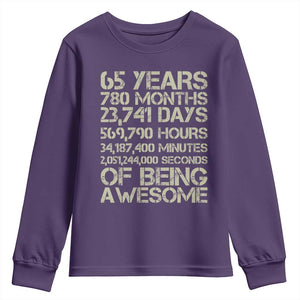 65th Milestone Birthday Gift Youth Sweatshirt 65 Years Of Being Awesome TS12 Purple Print Your Wear