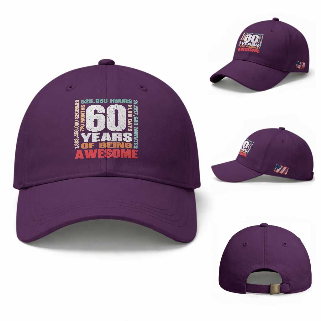 Retro 60 Years Of Being Awesome Baseball Cap 60th Birthday Gift Idea TS12 Baseball Cap Universal Fit Purple Print Your Wear