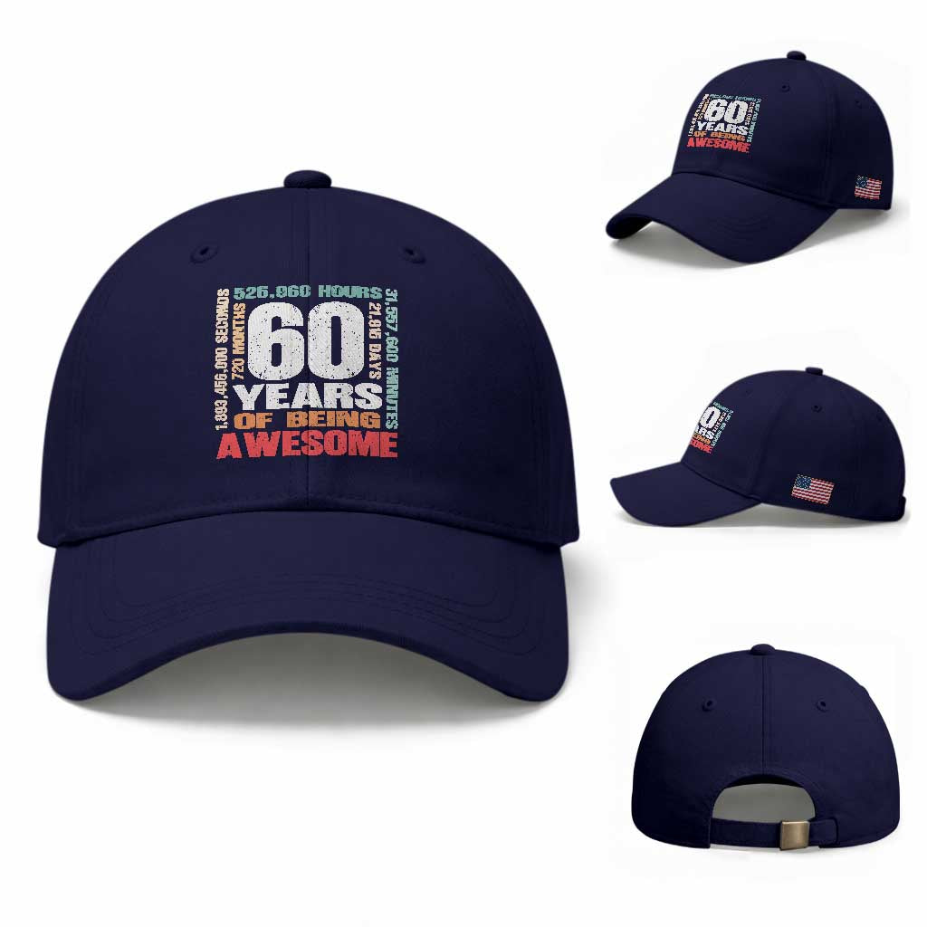 Retro 60 Years Of Being Awesome Baseball Cap 60th Birthday Gift Idea TS12 Baseball Cap Universal Fit Dark Blue Print Your Wear