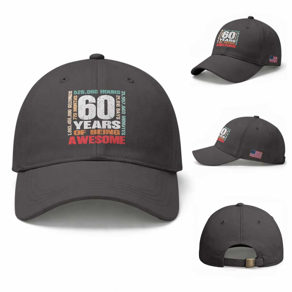 Retro 60 Years Of Being Awesome Baseball Cap 60th Birthday Gift Idea TS12 Baseball Cap Universal Fit Dark Gray Print Your Wear