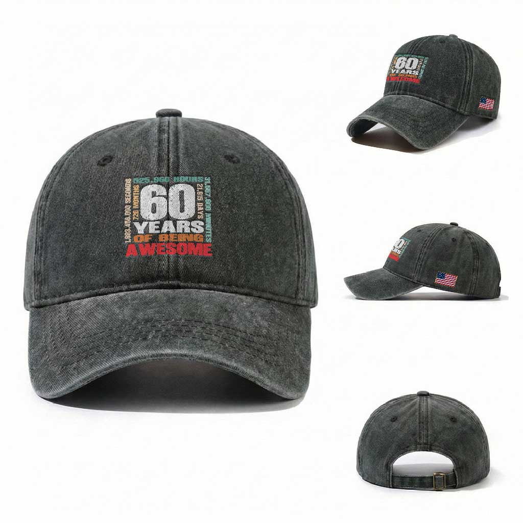 Retro 60 Years Of Being Awesome Washed Cotton Baseball Cap 60th Birthday Gift Idea TS12 Washed Cap Universal Fit Dark Green Print Your Wear