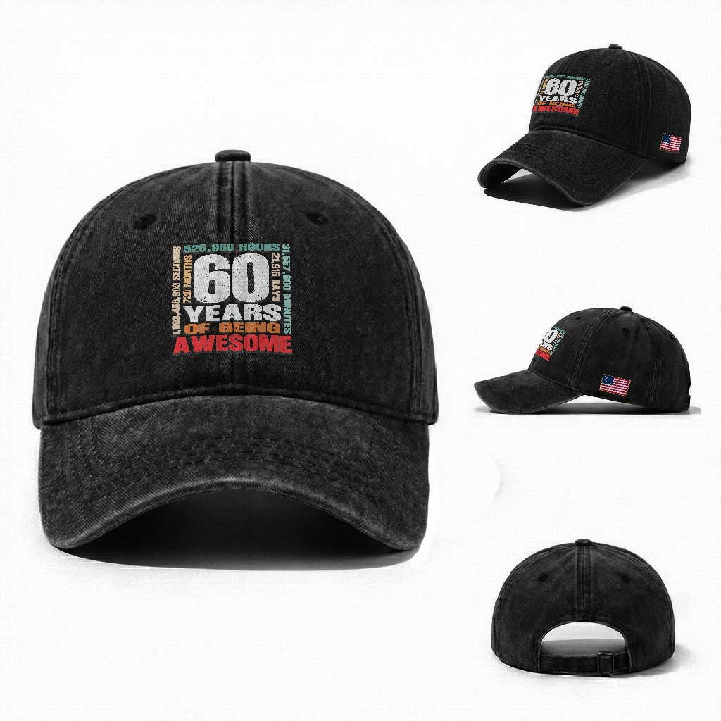 Retro 60 Years Of Being Awesome Washed Cotton Baseball Cap 60th Birthday Gift Idea TS12 Washed Cap Universal Fit Black Print Your Wear