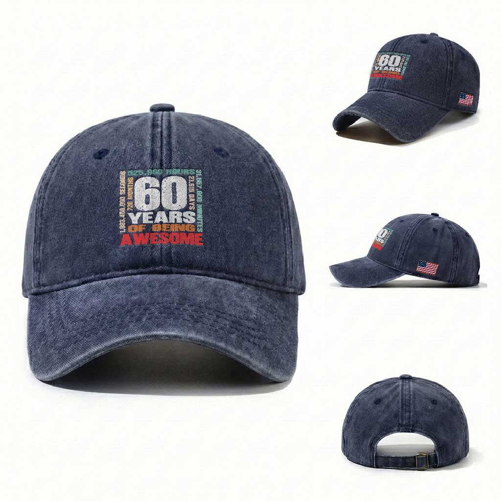 Retro 60 Years Of Being Awesome Washed Cotton Baseball Cap 60th Birthday Gift Idea TS12 Washed Cap Universal Fit Navy Print Your Wear