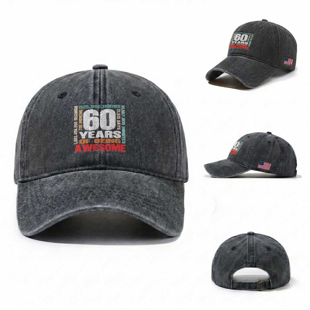 Retro 60 Years Of Being Awesome Washed Cotton Baseball Cap 60th Birthday Gift Idea TS12 Washed Cap Universal Fit Dark Gray Print Your Wear