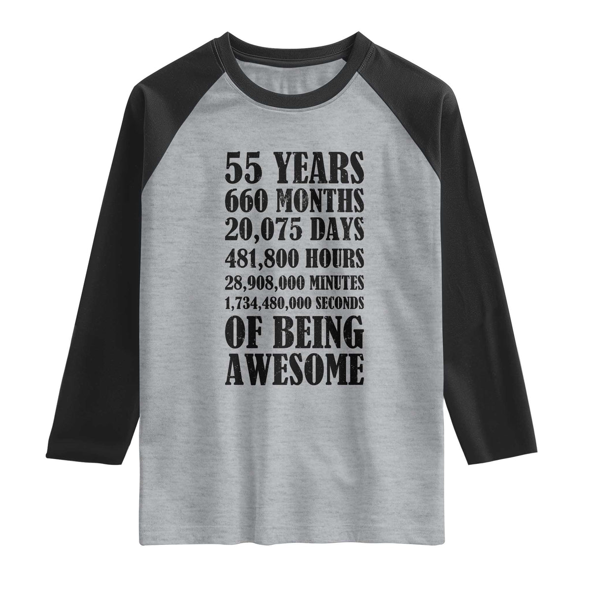 55th Milestone Birthday Raglan Shirt 55 Years Of Being Awesome Graphic TS12 Heather Gray Black Print Your Wear