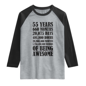 55th Milestone Birthday Raglan Shirt 55 Years Of Being Awesome Graphic TS12 Heather Gray Black Print Your Wear