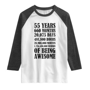 55th Milestone Birthday Raglan Shirt 55 Years Of Being Awesome Graphic TS12 White Heather Charcoal Print Your Wear