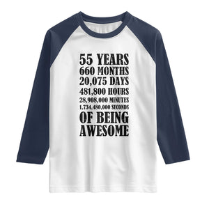 55th Milestone Birthday Raglan Shirt 55 Years Of Being Awesome Graphic TS12 White Navy Print Your Wear