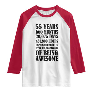 55th Milestone Birthday Raglan Shirt 55 Years Of Being Awesome Graphic TS12 White Red Print Your Wear