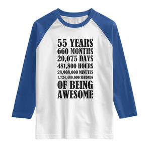 55th Milestone Birthday Raglan Shirt 55 Years Of Being Awesome Graphic TS12 White Royal Print Your Wear