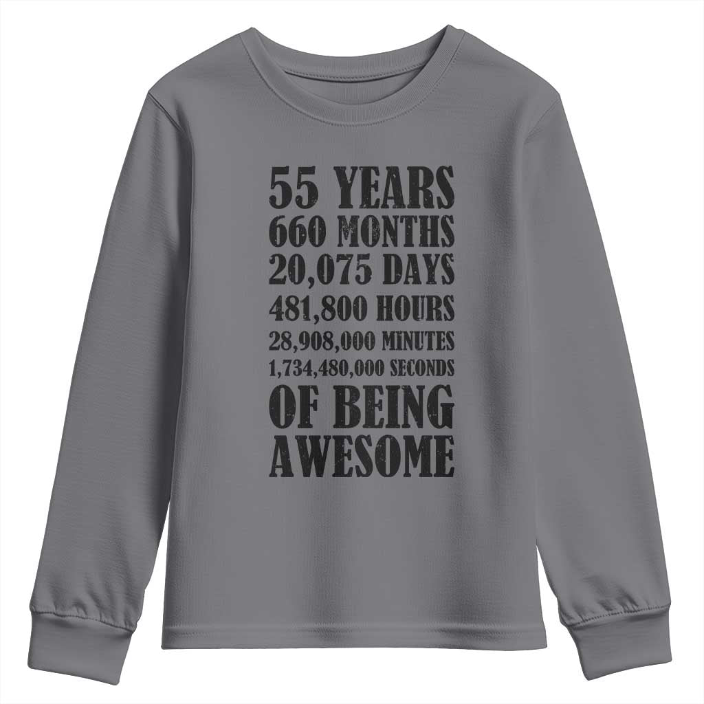 55th Milestone Birthday Youth Sweatshirt 55 Years Of Being Awesome Graphic TS12 Charcoal Print Your Wear