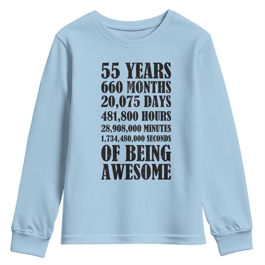 55th Milestone Birthday Youth Sweatshirt 55 Years Of Being Awesome Graphic TS12 Light Blue Print Your Wear