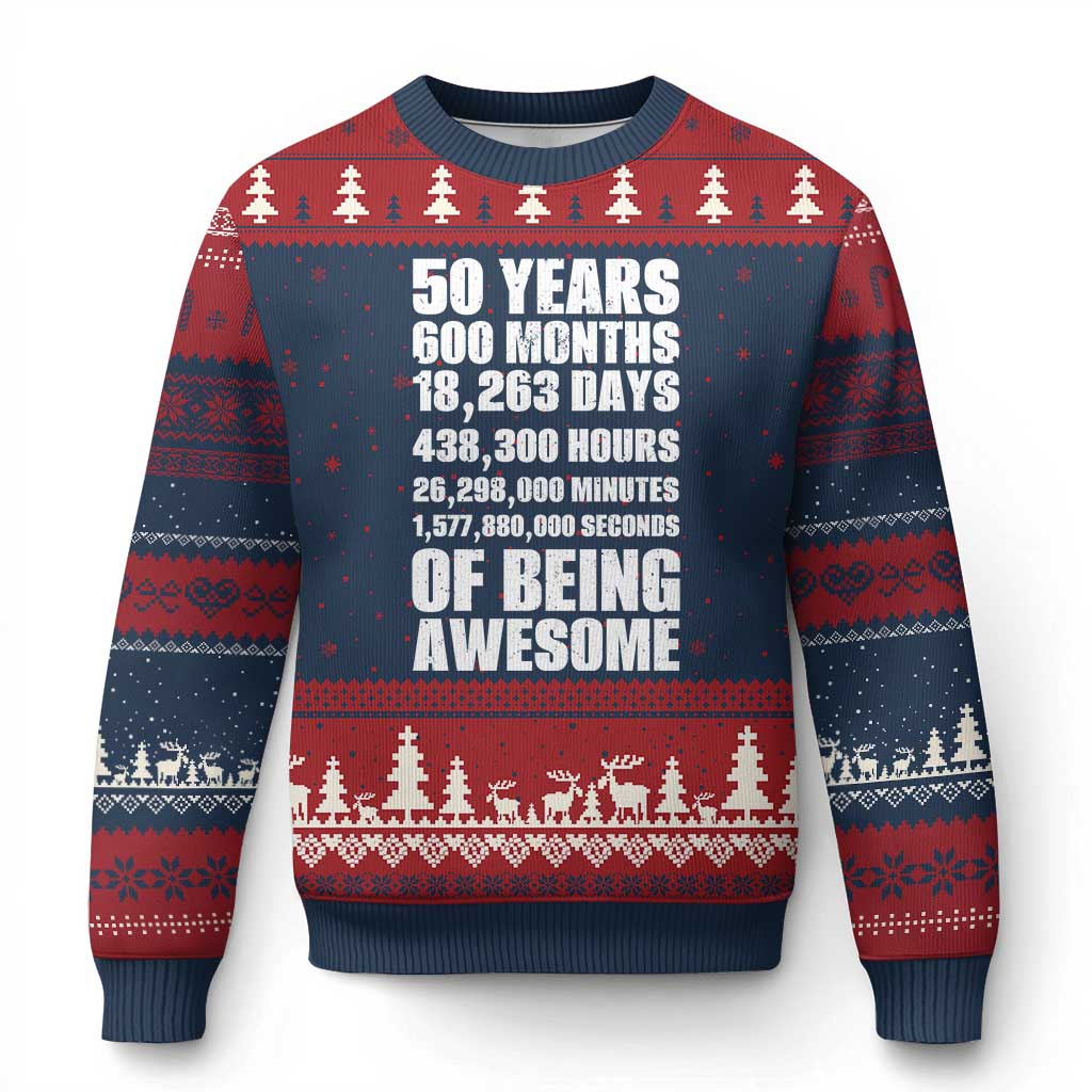 50 Years Of Being Awesome Ugly Christmas Sweater 50th Birthday Gift Idea TS12 Navy Red Print Your Wear