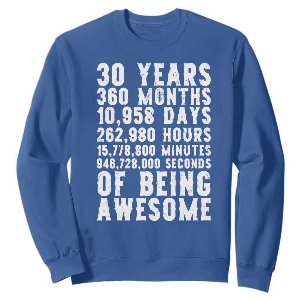 Funny 30th Birthday Sweatshirt Thirty Years Of Being Awesome TS12 Royal Blue Print Your Wear