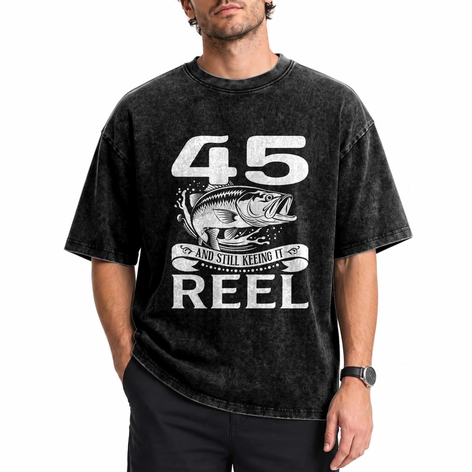 Still Keeping It Reel At 45 Washed Cotton T-Shirt Fisherman Birthday Gift