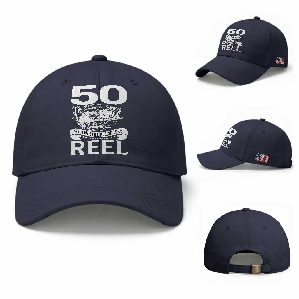 Still Keeping It Reel At 50 Baseball Cap Fisherman Birthday Gift TS12 Baseball Cap Universal Fit Navy Print Your Wear