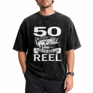 Still Keeping It Reel At 50 Washed Cotton T-Shirt Fisherman Birthday Gift