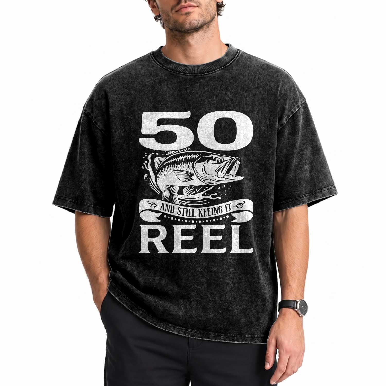 Still Keeping It Reel At 50 Washed Cotton T-Shirt Fisherman Birthday Gift