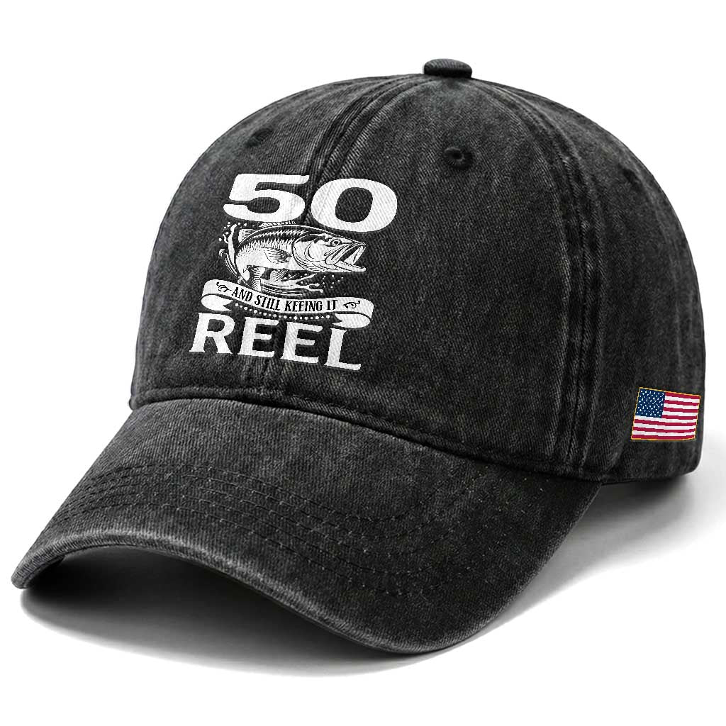 Still Keeping It Reel At 50 Washed Cotton Baseball Cap Fisherman Birthday Gift TS12 Print Your Wear