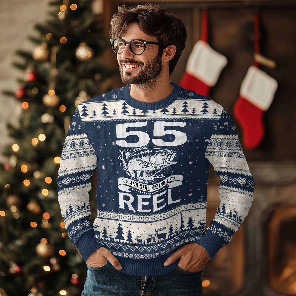 Still Keeping It Reel At 55 Ugly Christmas Sweater Fisherman Birthday Gift TS12 Navy Beige Print Your Wear