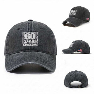 60th Milestone Birthday Gift Washed Cotton Baseball Cap 60 Years Of Being Awesome TS12 Washed Cap Universal Fit Dark Gray Print Your Wear