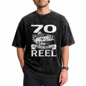 Still Keeping It Reel At 70 Washed Cotton T-Shirt Fisherman Birthday Gift