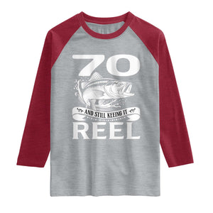 Still Keeping It Reel At 70 Raglan Shirt Fisherman Birthday Gift TS12 Heather Gray Heather Red Print Your Wear